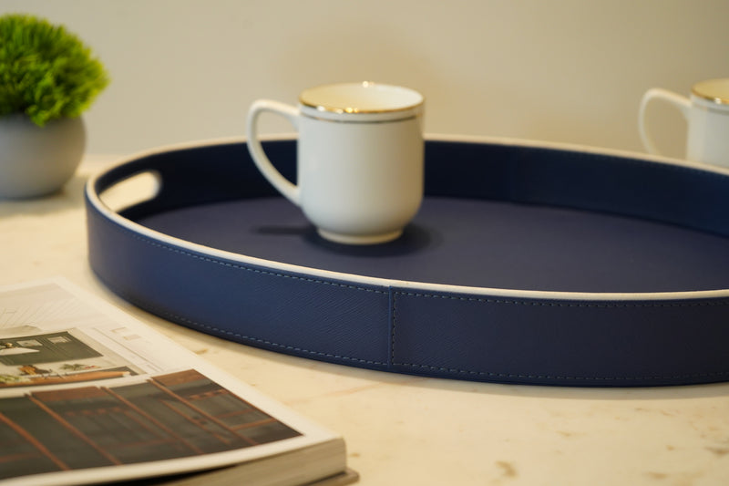 Blue and White Faux Leather Oval Serving Tray