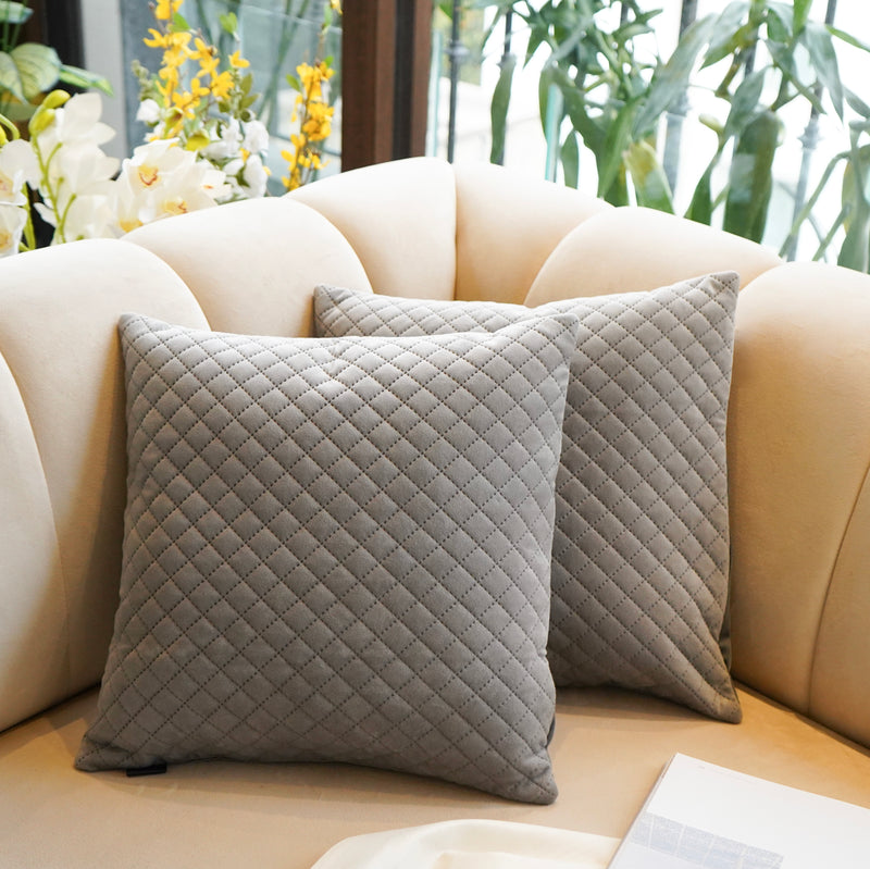 Set of 2 Grey Quilted Velvet Fabric Cushion Cover 16 x 16