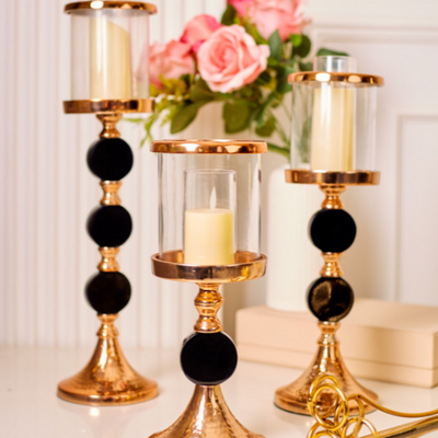 Golden Pillar with Black Accents Candle Stand, Medium