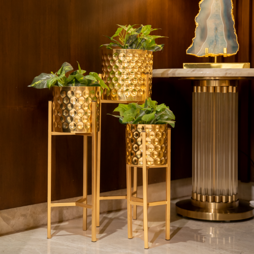 Metal Planters In Textured Gold, Set Of 3