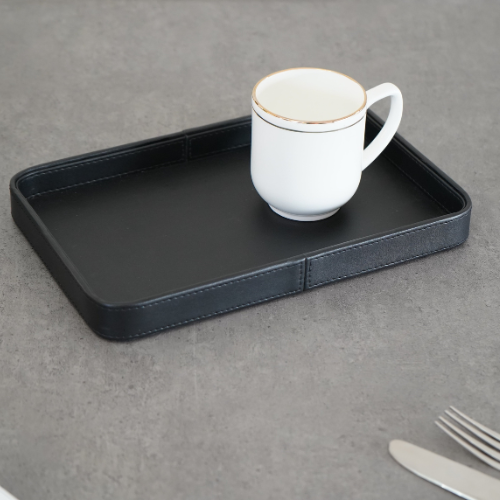 Black Faux Leather Oblong Serving Tray