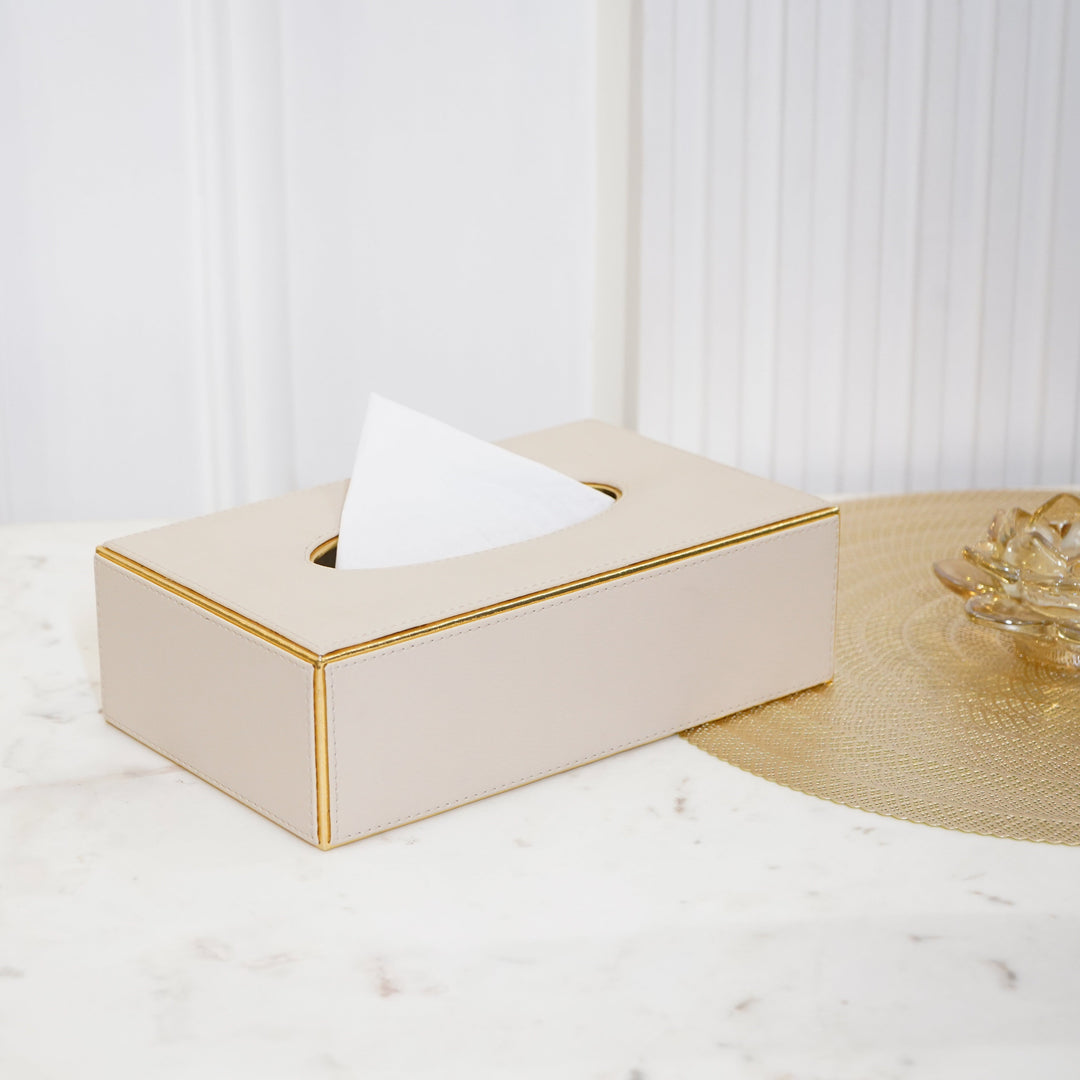 RCasa beige faux leather tissue box cover with gold trim