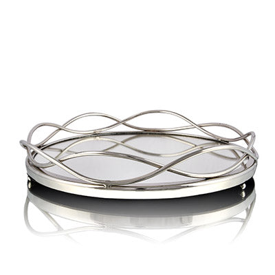 Round Brillo Mirror Glass SS Tray, Silver