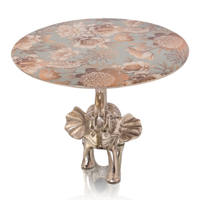 Silver Textured Elephant Trunk Cake Stand with Floral Pattern Glass Top