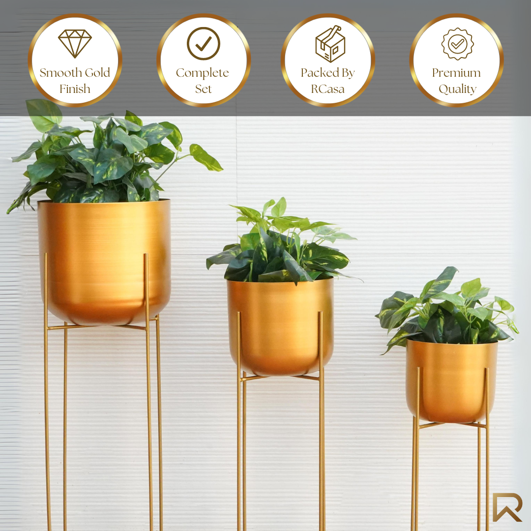 Metal Planters In Gold With Stand, Set Of 3