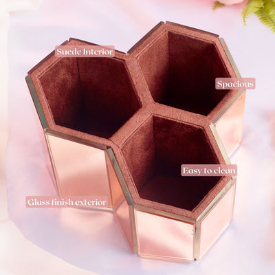 Hexagon 3 Part Multi-Purpose Organiser in Mirror Glass Finish, Rose Gold