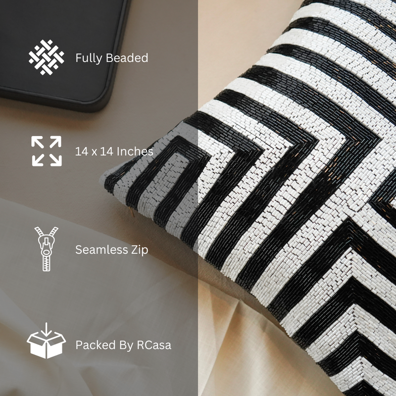 Black & White Beaded Maze Velvet Cushion Cover 14x14 inch
