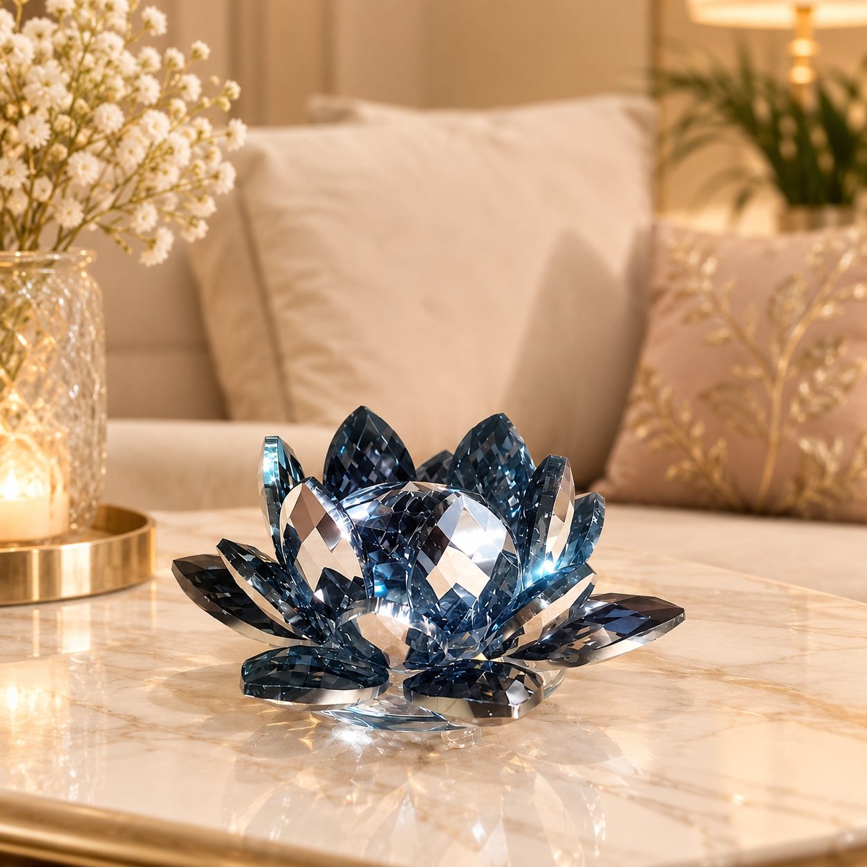 Crystal Lotus Tealight Holder, Blue