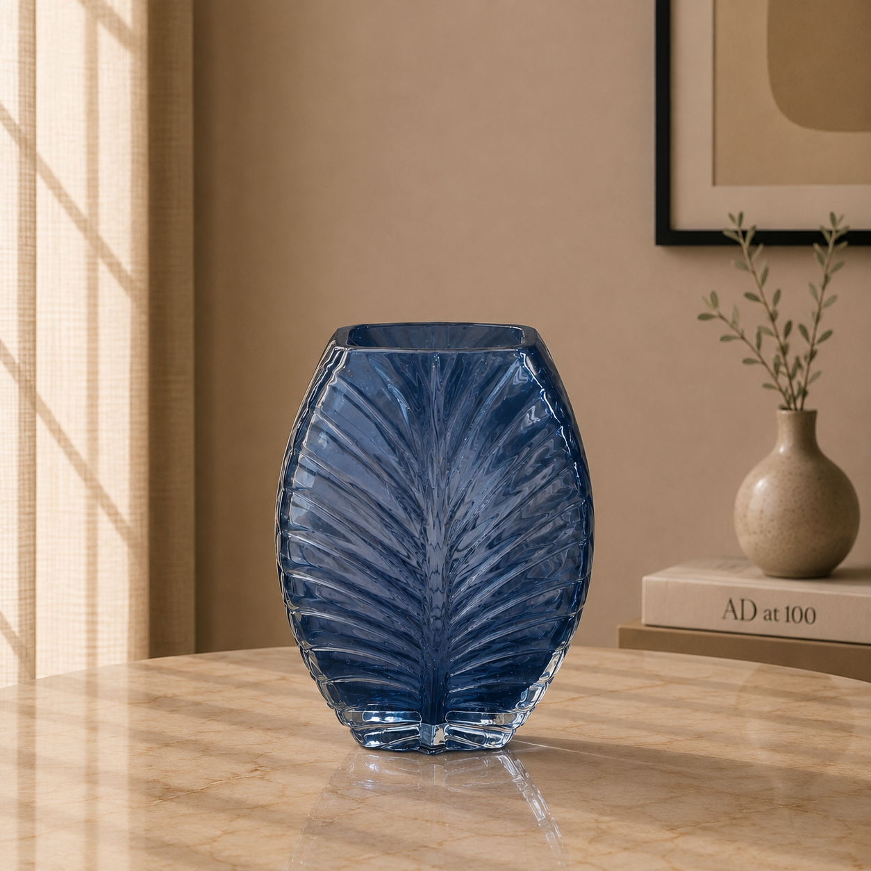 Sculpted Leaf Glass Vase, Midnight Blue, Small