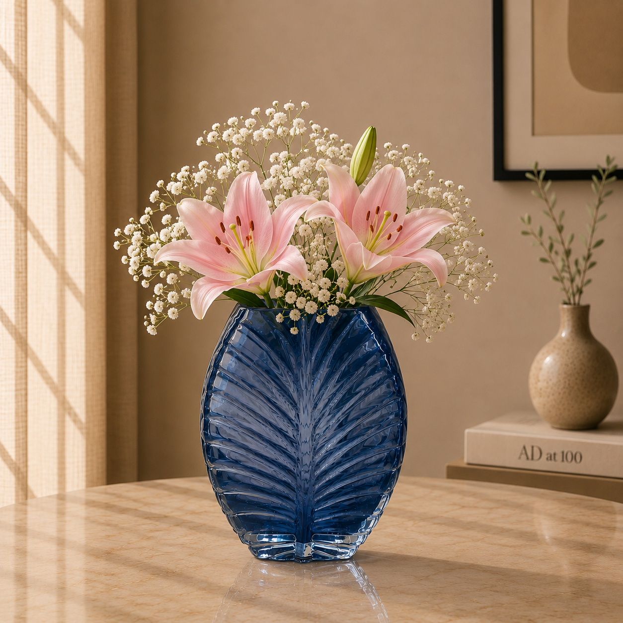 Sculpted Leaf Glass Vase, Midnight Blue, Small