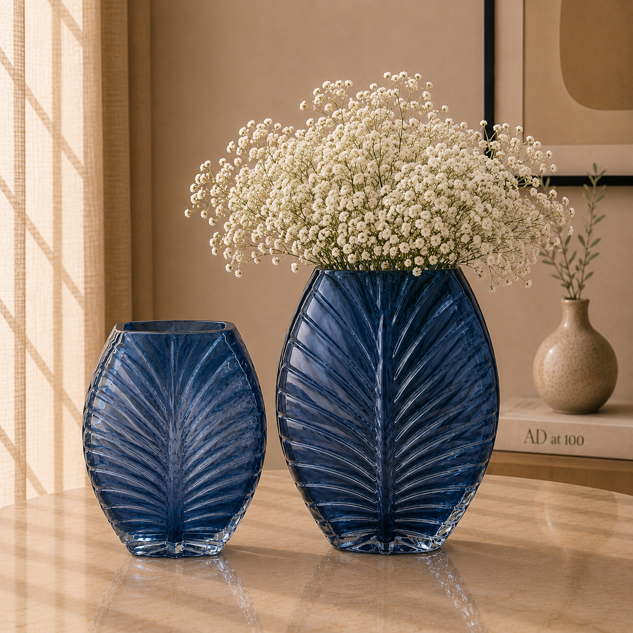 Sculpted Leaf Glass Vase, Midnight Blue, Large