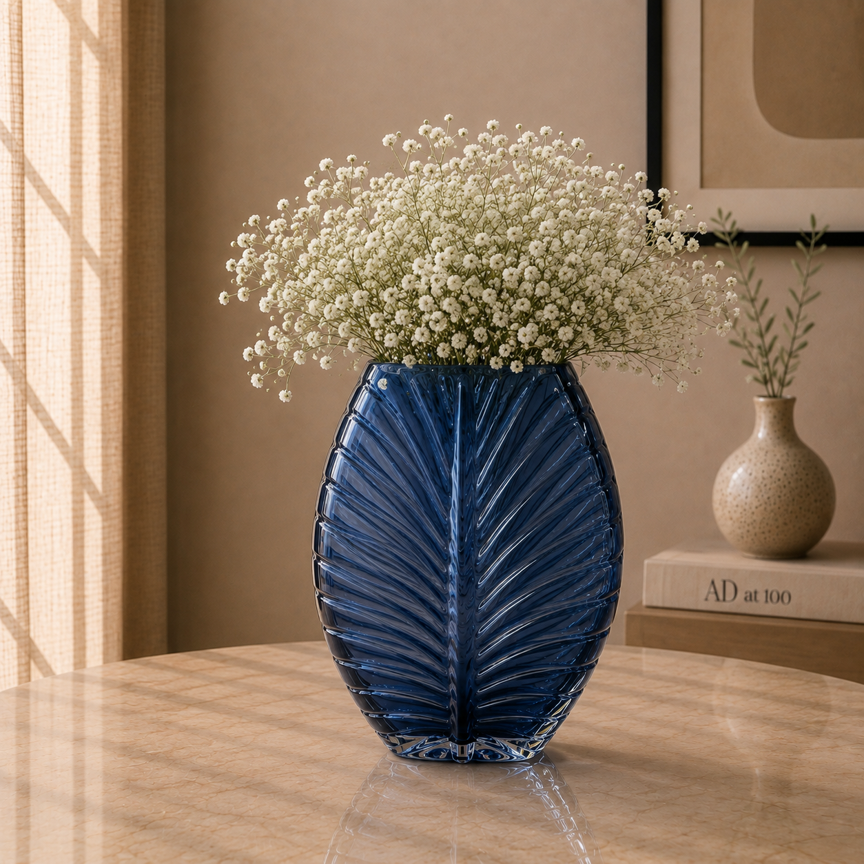 Sculpted Leaf Glass Vase, Midnight Blue, Large
