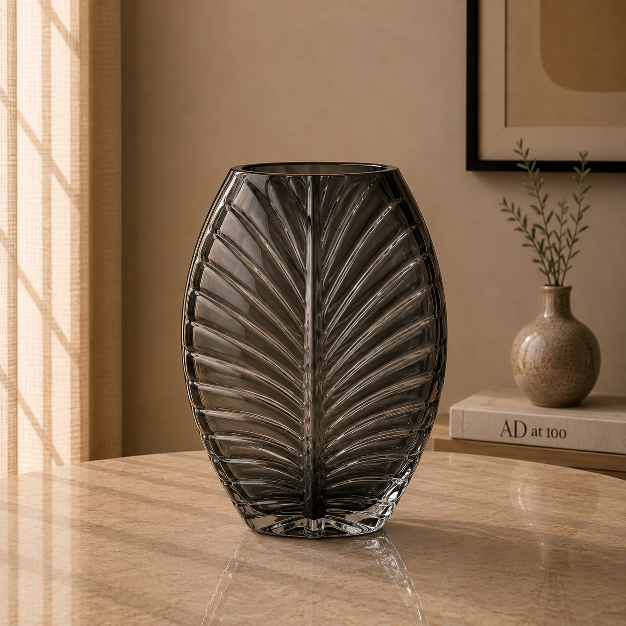 Sculpted Leaf Glass Vase, Smoky Grey, Large