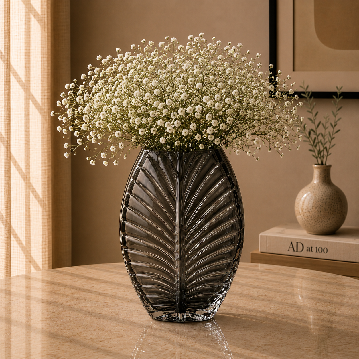 Sculpted Leaf Glass Vase, Smoky Grey, Large