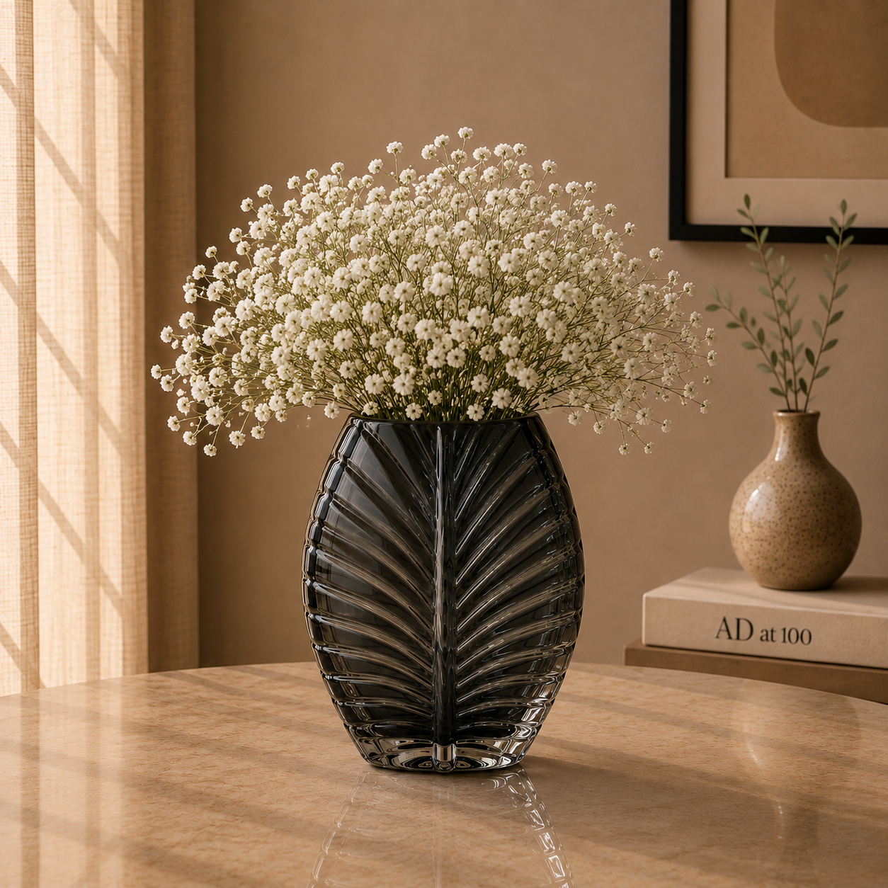 Sculpted Leaf Glass Vase, Smoky Grey, Small
