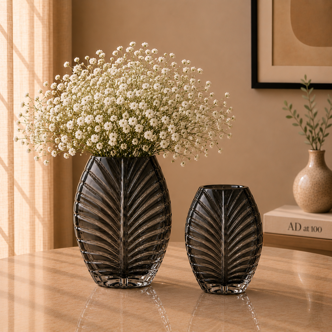 Sculpted Leaf Glass Vase, Smoky Grey, Small