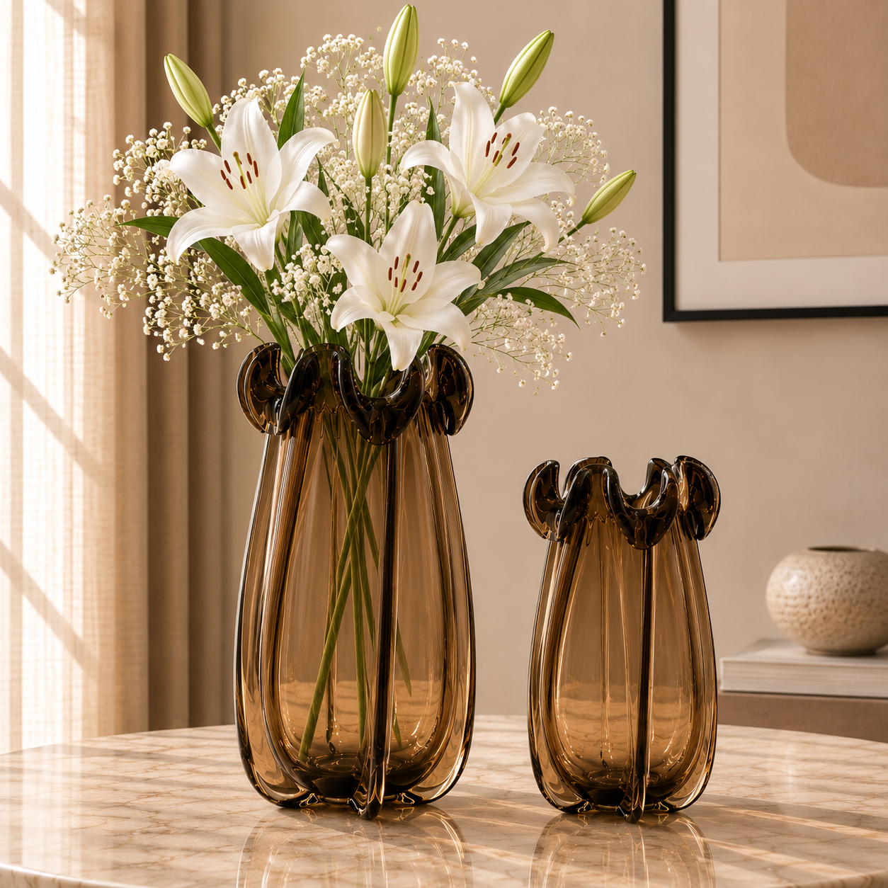 Twisted Rim Glass Vase, Amber Smoke, Large