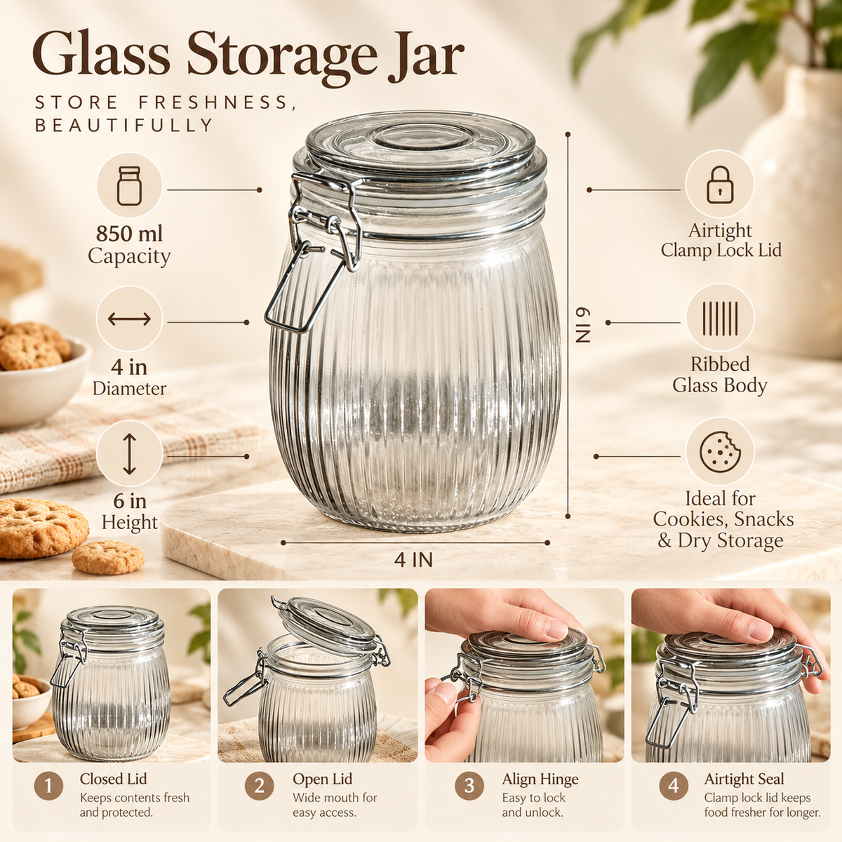 Fluted Airtight Mason Glass Storage Jar 850 ml, Grey