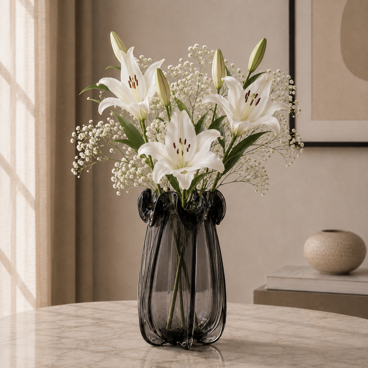 Sculpted Wave Glass Vase, Smoky Grey, Small