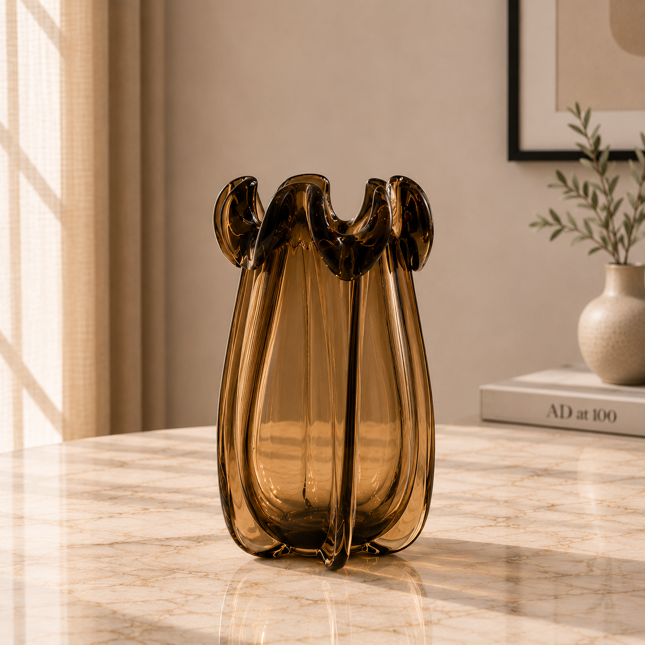Twisted Rim Glass Vase, Amber Smoke, Small