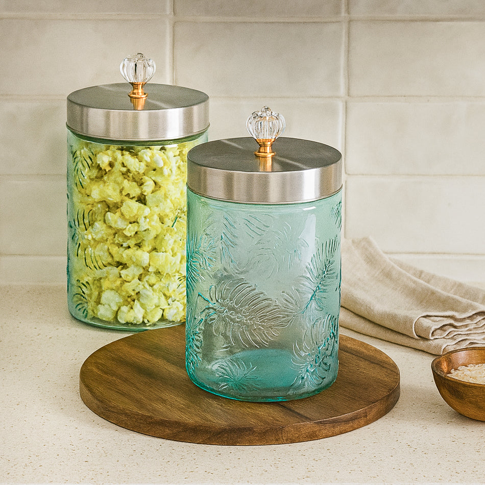 Large Blue Leaf Patterned Glass Jar w/ Airtight Lid & Crystal Knob