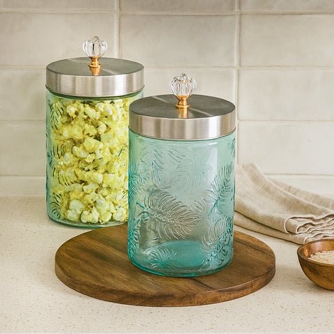 Large Blue Leaf Patterned Glass Jar w/ Airtight Lid & Crystal Knob