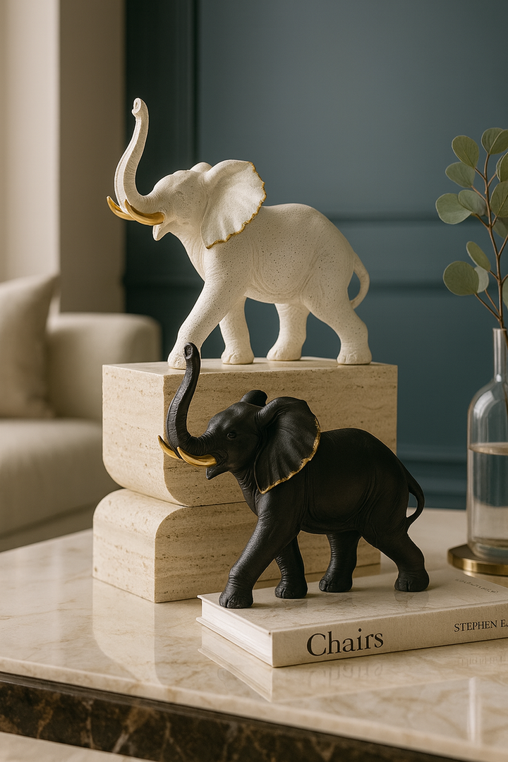 Elephant Figurine with Gold Accents, White