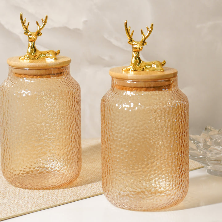 Hammered 750ml Glass Jar with Reindeer Airtight Lid, Gold