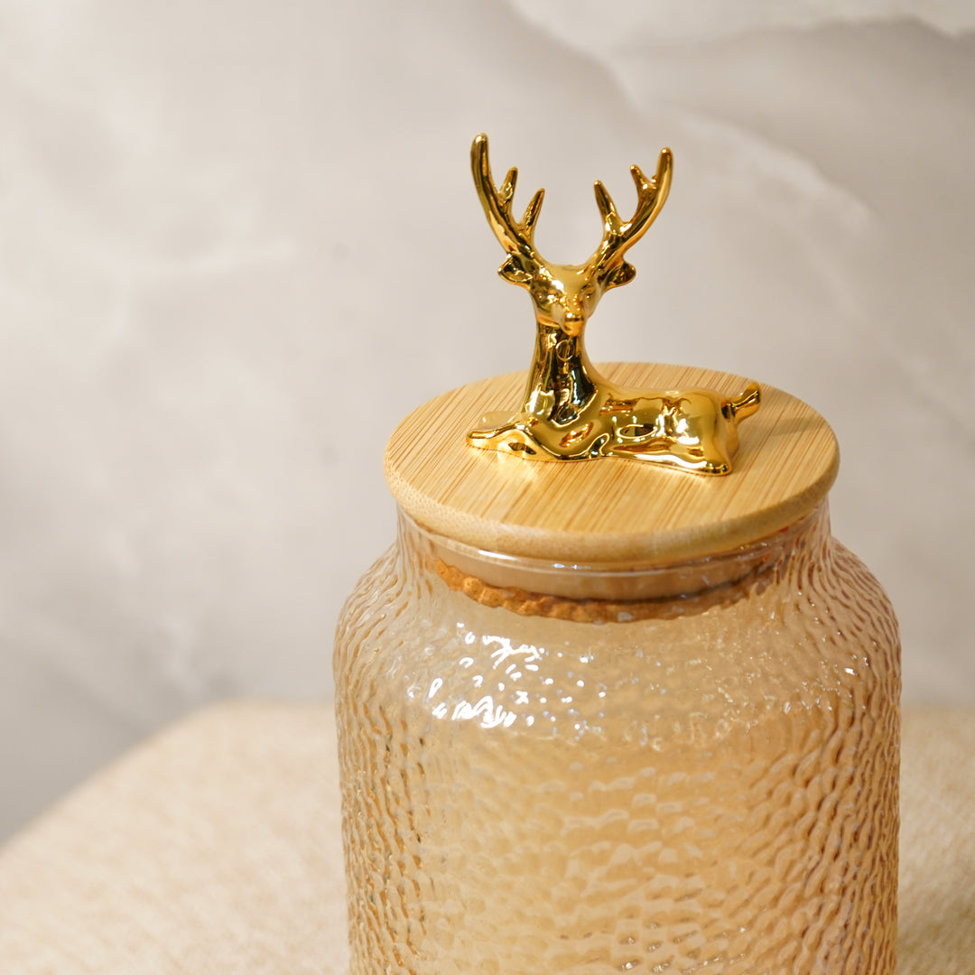 Hammered 750ml Glass Jar with Reindeer Airtight Lid, Gold