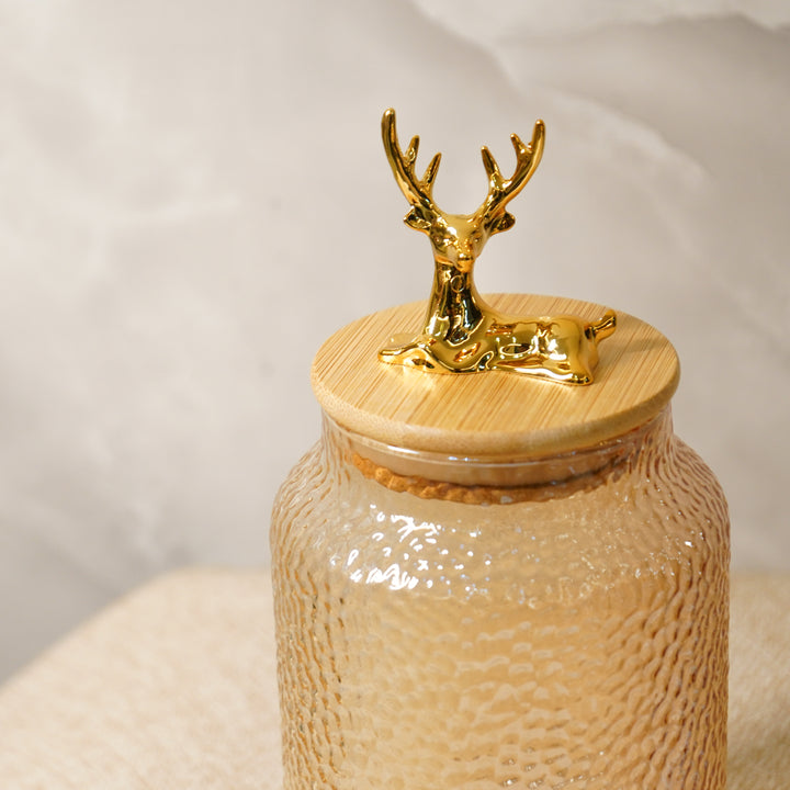 Hammered 750ml Glass Jar with Reindeer Airtight Lid, Gold