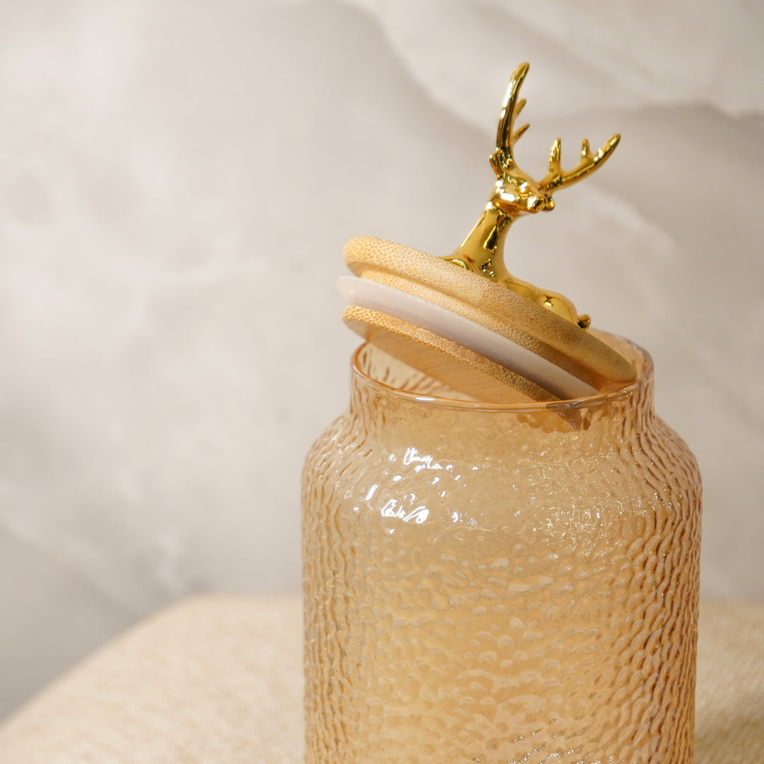 Hammered 750ml Glass Jar with Reindeer Airtight Lid, Gold