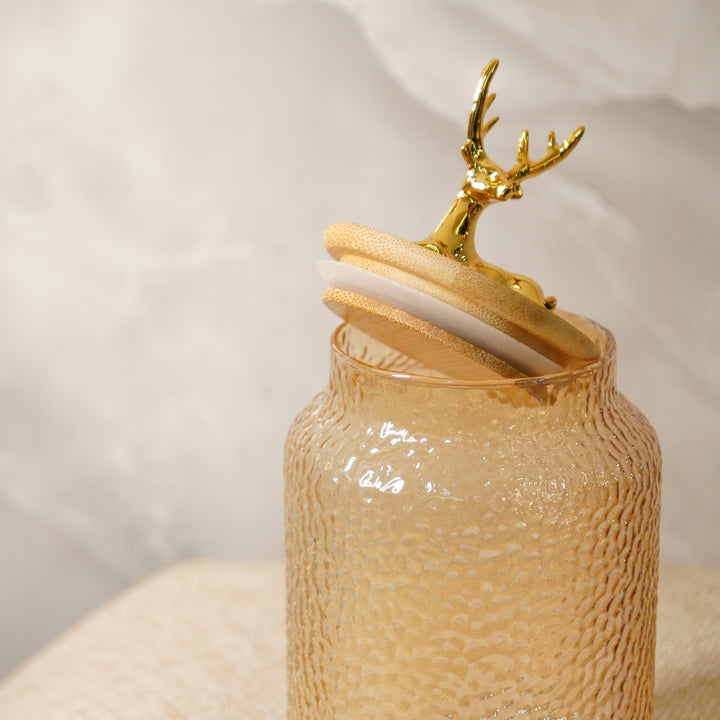 Hammered 750ml Glass Jar with Reindeer Airtight Lid, Gold