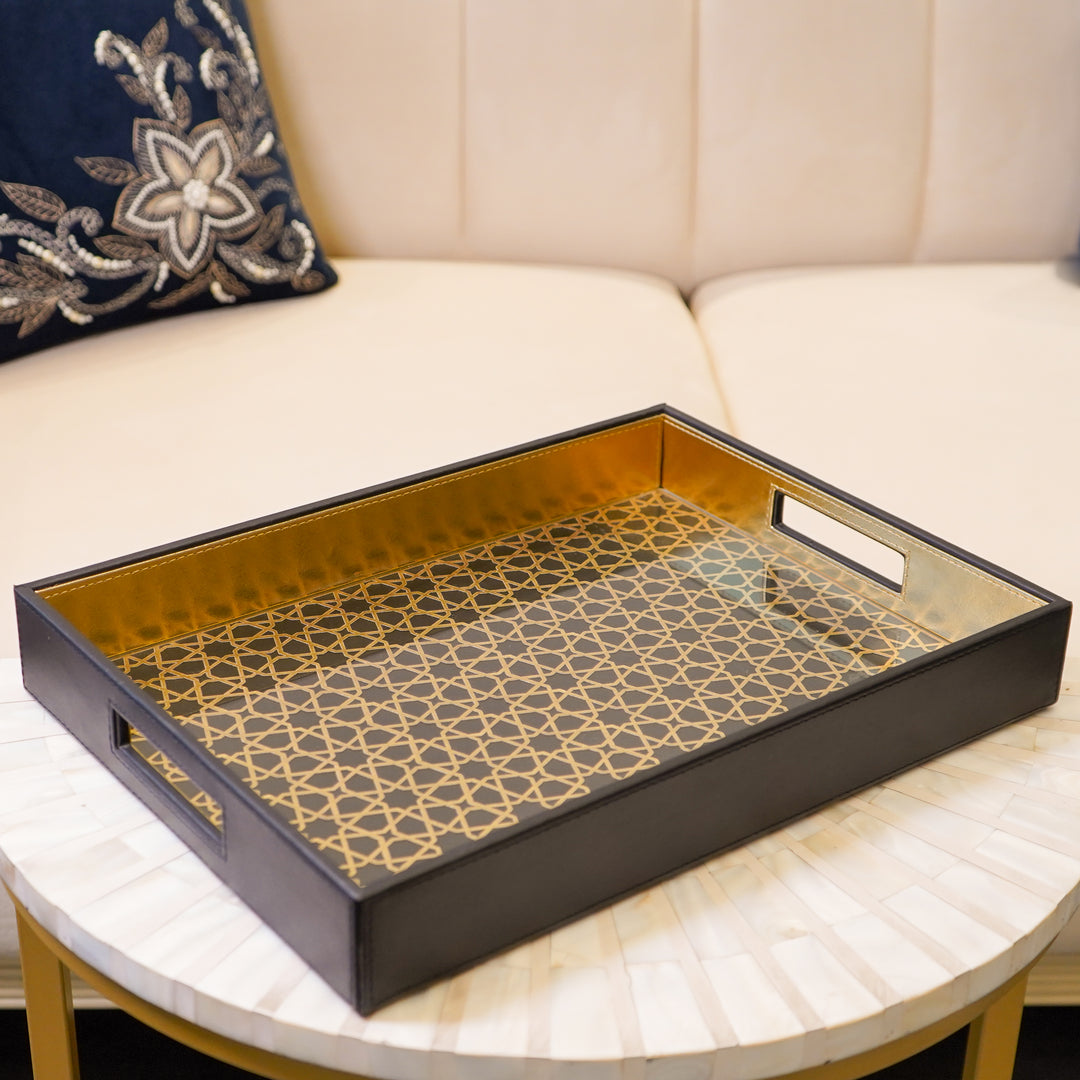 Vegan Leather Serving Tray w/ Black & Gold Design