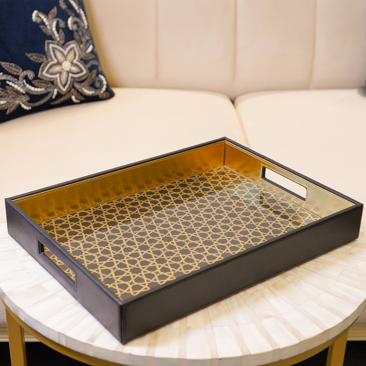 Vegan Leather Serving Tray w/ Black & Gold Design