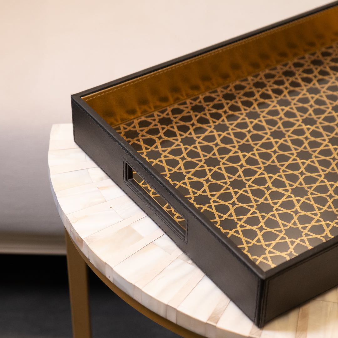 Vegan Leather Serving Tray w/ Black & Gold Design