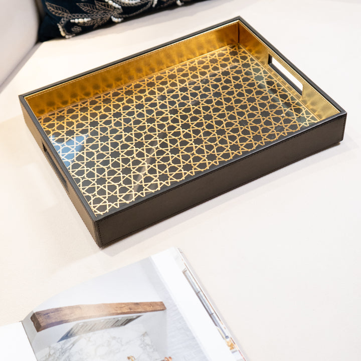 Vegan Leather Serving Tray w/ Black & Gold Design