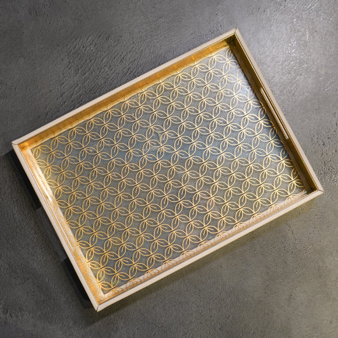 Vegan Leather Serving Tray w/ Beige & Gold Design