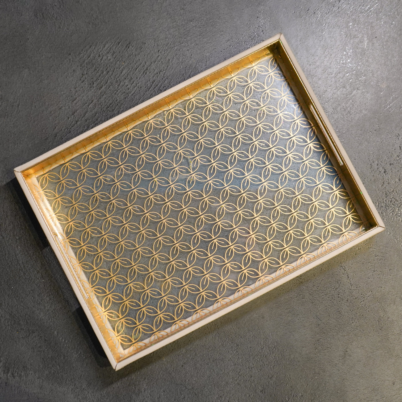 Vegan Leather Serving Tray w/ Beige & Gold Design