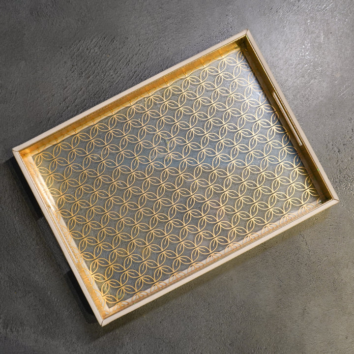 Vegan Leather Serving Tray w/ Beige & Gold Design