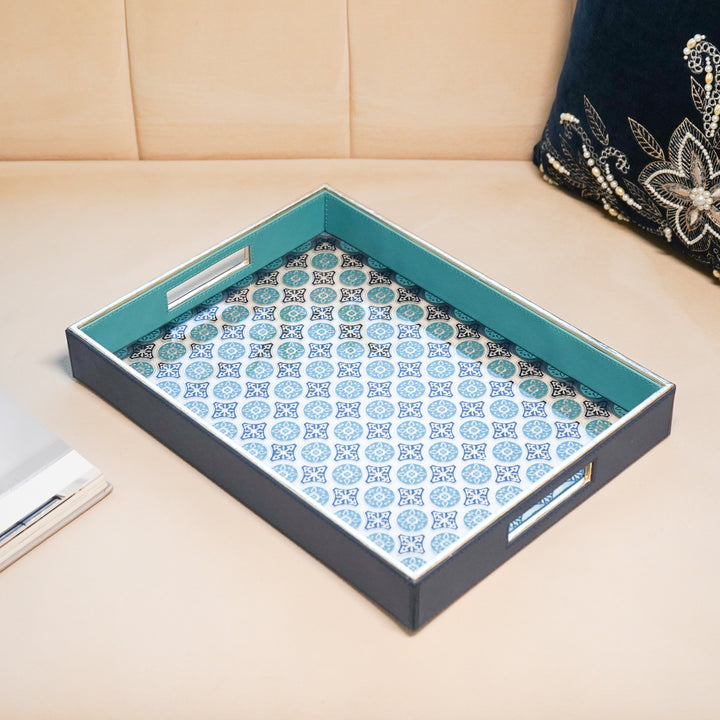 Vegan Leather Serving Tray w/ Contrast Blue Design