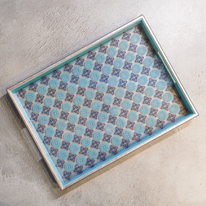 Vegan Leather Serving Tray w/ Contrast Blue Design