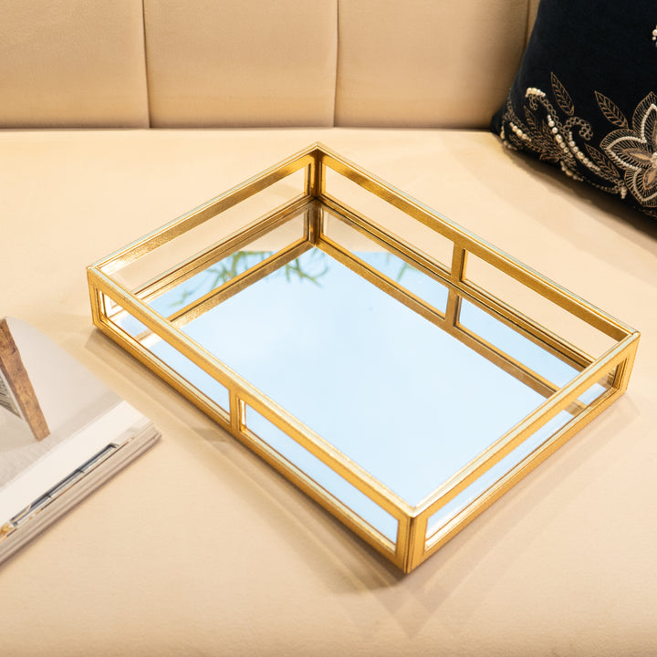 Gold Vegan Leather Decor Tray with Mirror Base