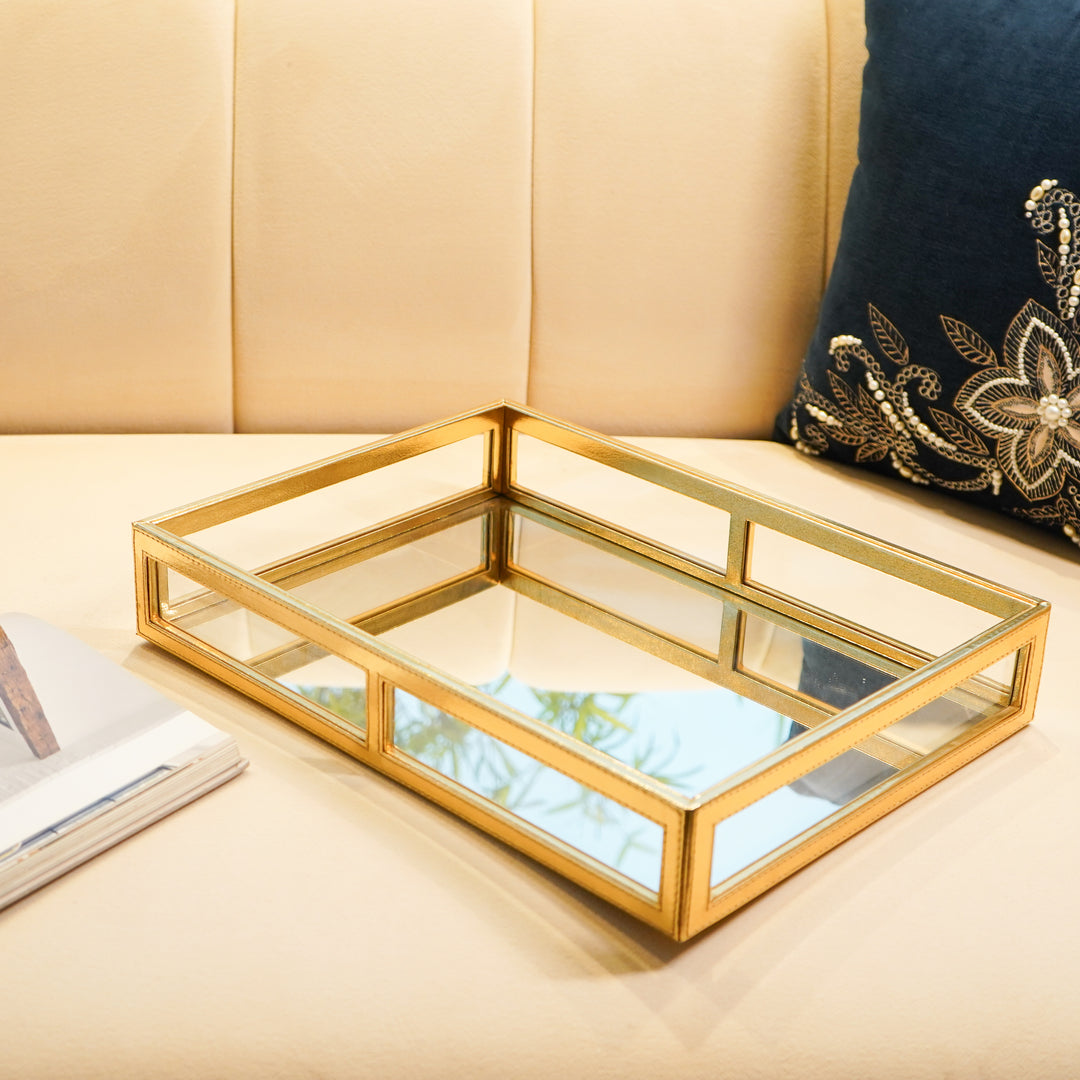 Gold Vegan Leather Decor Tray with Mirror Base
