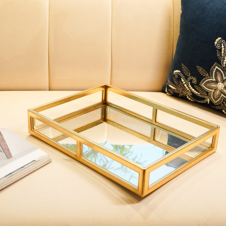 Gold Vegan Leather Decor Tray with Mirror Base