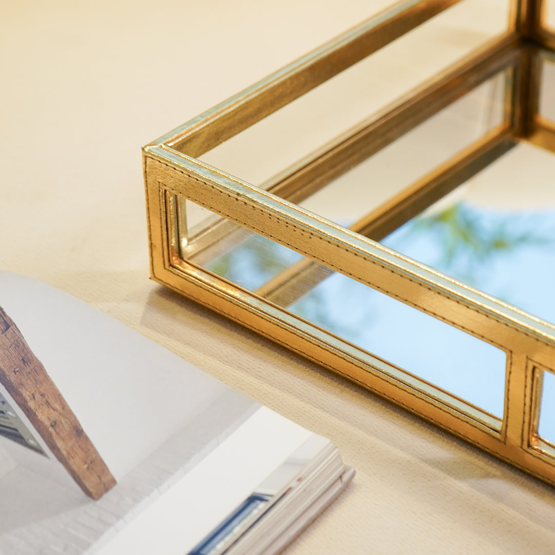 Gold Vegan Leather Decor Tray with Mirror Base
