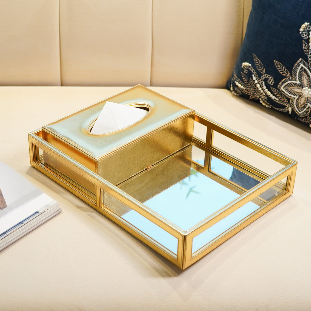 Gold Vegan Leather Decor Tray with Mirror Base