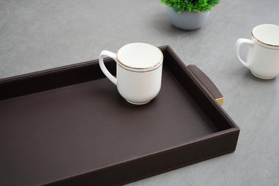 Brown Faux Leather Serving Tray with Gold Handles