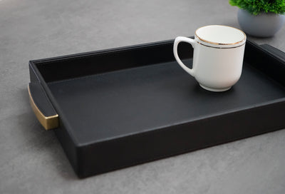 Black Faux Leather Serving Tray with Gold Handles