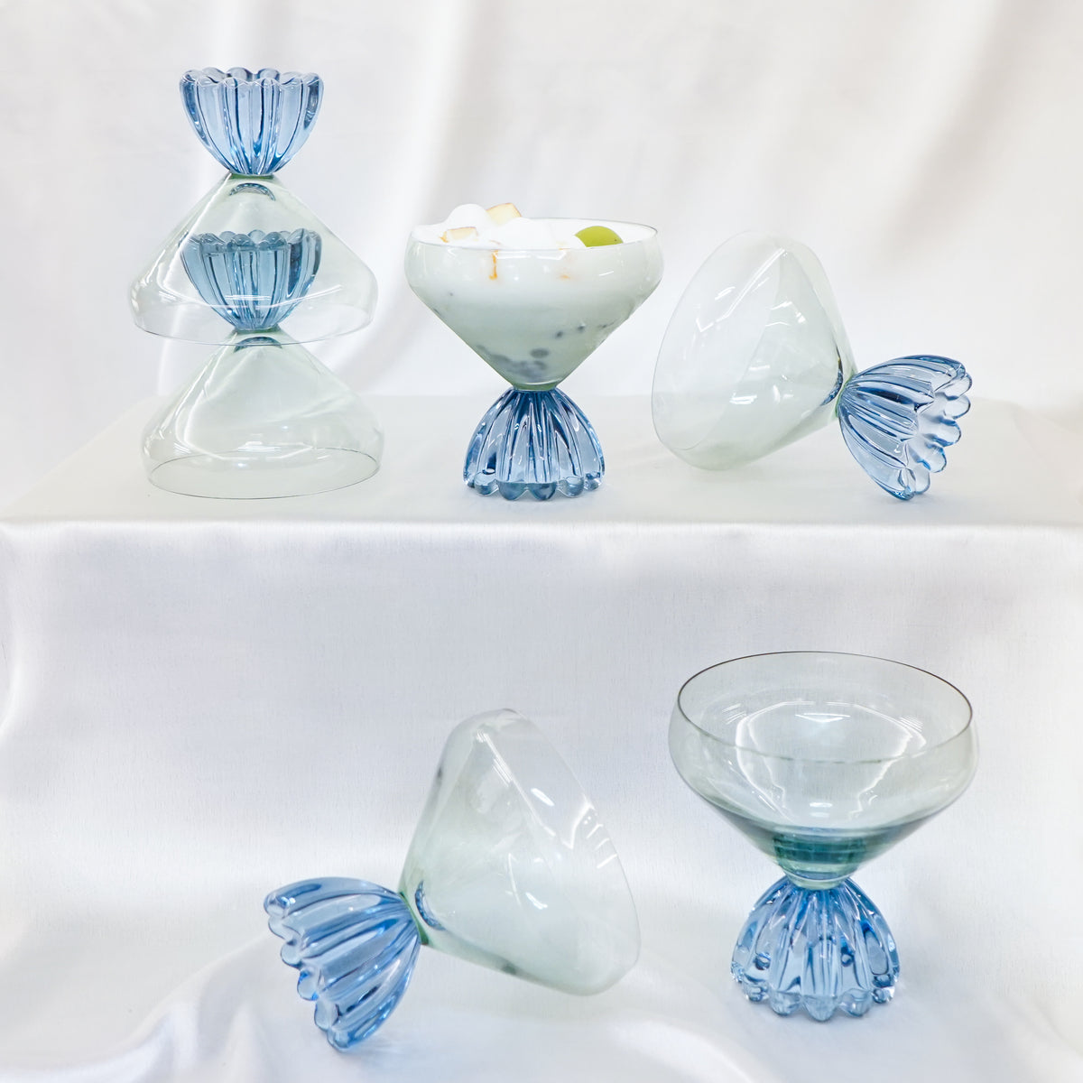 Fluted Petal Goblet Glass, Aqua, set of 6