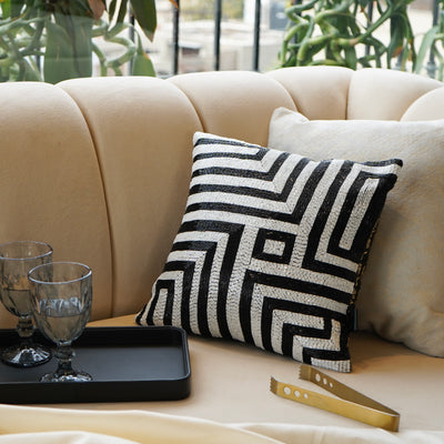 Black & White Beaded Maze Velvet Cushion Cover 14x14 inch